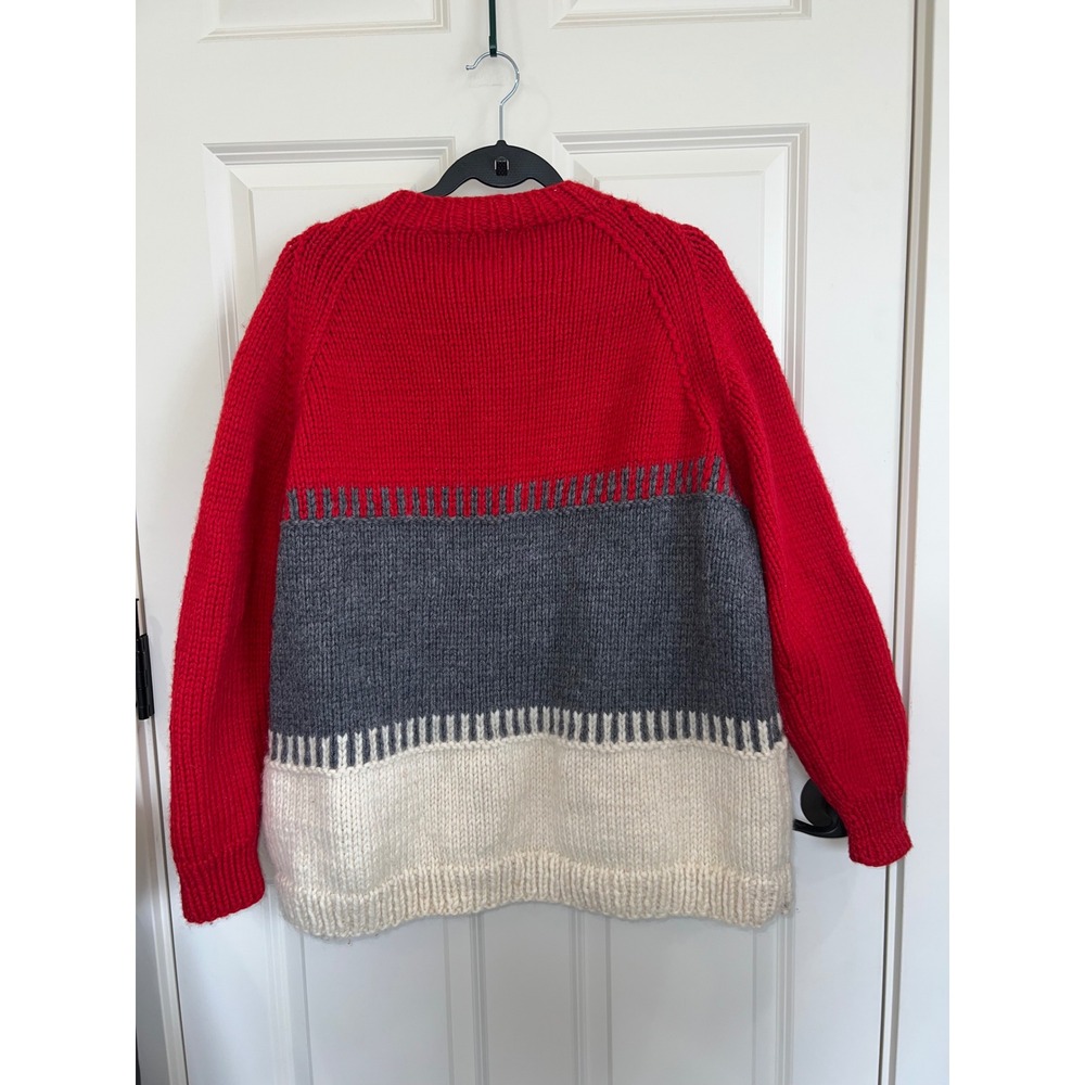 Vintage HandKnit Chunky Colorblock Button Down Cardigan Sweater Red Gray XL - Picture 2 of 9